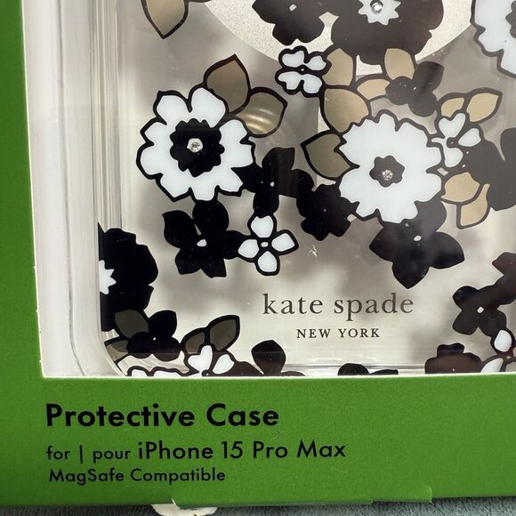 Kate Spade Protective Magsafe Case iPhone 15 Pro Max black Gold Silver Flowers - Picture 2 of 4